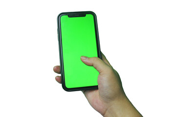 hand holding phone, green screen, isolated on transparent background