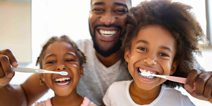 Happy family brushing teeth together in the morning, father and daughters smiling and having fun
