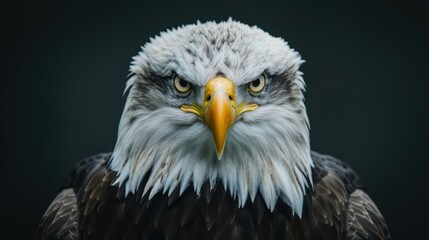 Obraz premium A detailed, close-up portrait of a majestic bald eagle, showcasing its piercing yellow eyes and sharp beak, symbolizing strength, freedom, and natural beauty in fine detail.