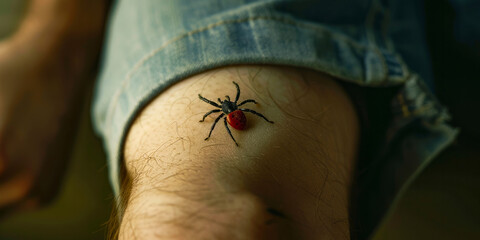 Obraz premium Close-up of a tick on a human leg, showing the importance of insect repellent and tick removal methods for preventing Lyme disease and other tick-borne illnesses