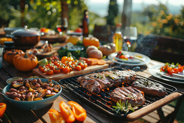 Obraz premium Table set for a summer barbecue with various dishes