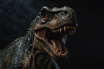 A close-up of a dinosaur showcasing its menacing features.