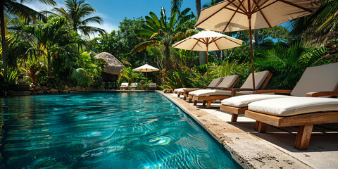 Tropical Resort Poolside with Sun Loungers and Palm Trees