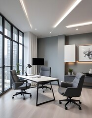 Fototapeta premium In the contemporary office interior sleek furniture and modern design elements create an atmosphere conducive to productivity and focus on work