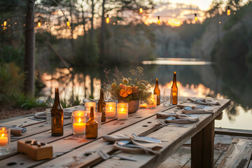 Rustic outdoor dining table with candles and flowers 