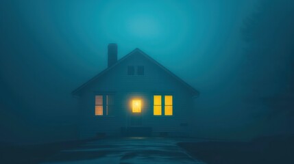 A tranquil scene of a house with warmly glowing lights amidst a foggy night, radiating an eerie yet serene atmosphere, evoking a sense of mystery and calm.