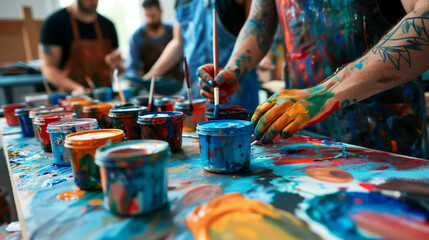 People expressing themselves doing art during an art therapy workshop, with paints, brushes, canvases. Therapeutic benefits of creativity and self-expression in mental health and emotional well-being