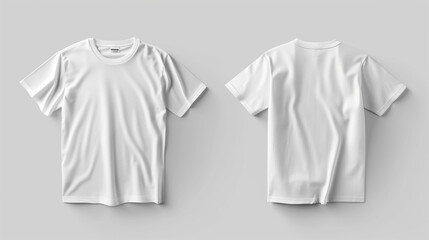 Two white blank t-shirts, front and back view, on a clean background, ideal for branding mockup