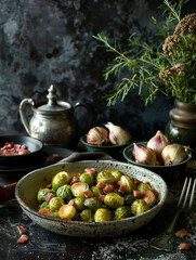 delicious looking roasted brussel sprouts with with bacon, food photography