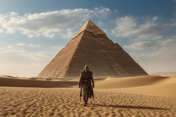 Person in the Desert by the Pyramid