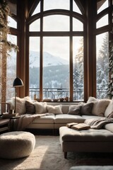Fototapeta premium Winter Living Room Overlooking Snowy Garden