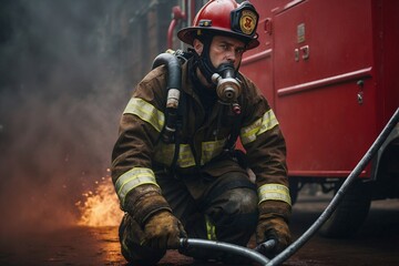 Obraz premium Firefighter with Hose. Fire Extinguishing by Rescuer