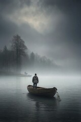 Lonely Boat in the Mist with Silhouette of a Person