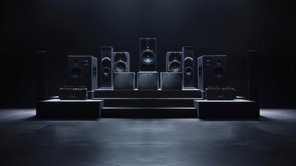 A dynamic audio setup featuring multiple speakers and subwoofers arranged on a tiered platform in a dark, dramatic stage setting, showcasing audio equipment in a stylish setup.