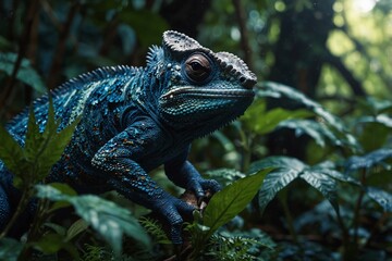 Fototapeta premium Camouflaging chameleon among green jungle foliage