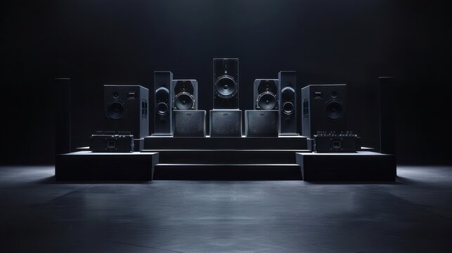 A dynamic audio setup featuring multiple speakers and subwoofers arranged on a tiered platform in a dark, dramatic stage setting, showcasing audio equipment in a stylish setup.