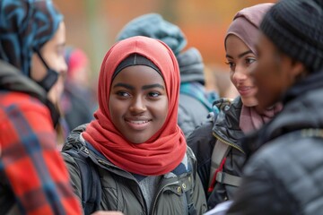 Energetic gathering of diverse professionals in a lively outdoor setting discussing environmental impact information.