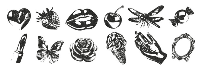 Trendy set of retro-style photocopies for printing stickers, posters, collages, banners. Hands, lips, mouth, strawberry, cherry, mirror, butterfly, rose in vintage y2k pop art style with noise effect.