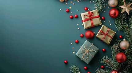 Festive Christmas Background With Gifts, Ornaments, And Pine Branches