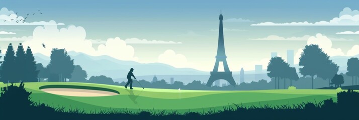 horizontal banner, flat illustration, Summer Olympic Games in France, golf. golfer on the golf course against the backdrop of the Eiffel Tower and city panorama, free space for text