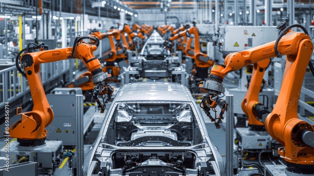 Poster Robotic arms work together on an assembly line to build a car in a factory.