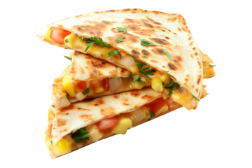 A close-up of stacked quesadillas filled with vegetables, meat and sauce.