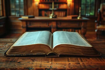 Obraz premium Open Book on Wooden Table in a Warmly Lit Study