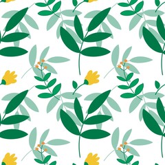 seamless floral boho pattern with yellow flowers, green leaf on a white background in doodle style. Сute contemporary minimalistic trendy boho background design for kids. Scandinavian nursery print