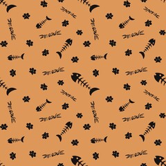 cute seamless pattern and background with paw (cat), bones, fish, meow. Abstract illustration for pet shop, website, textile, scrapbook, invitations, prints, animals products Design. Social media post