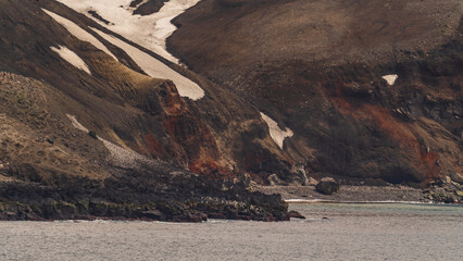 Antarctica Penguin Colony Deception Island. Thousands of Penguins. Snow Covered Glacier View From...
