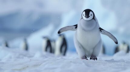 Obraz premium Penguins in the icy edge of the earth, cute realistic penguins in the winter cold
