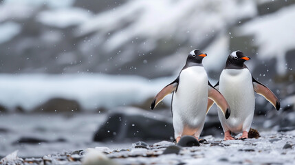 Fototapeta premium Penguins in the icy edge of the earth, cute realistic penguins in the winter cold