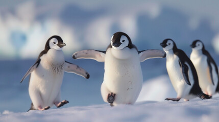 Obraz premium Penguins in the icy edge of the earth, cute realistic penguins in the winter cold