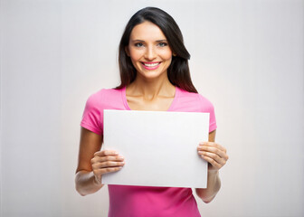 Naklejka premium Beautiful woman holding a blank white board. 