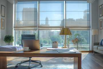 Fototapeta premium Executive CEO's office of a director or head of corporation workspace wooden desk with a high-end laptop, documents, a modern stylish office with floor-to-ceiling windows
