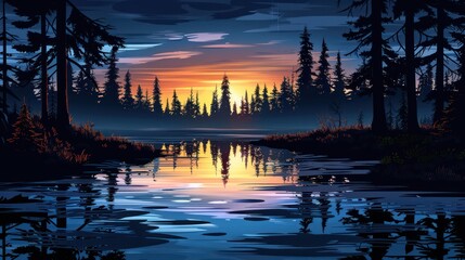 Obraz premium A breathtaking sunset over a tranquil lake, surrounded by pine trees, with a reflection of the colorful sky in the water, evoking serenity and peace.