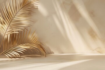 A close-up shot of golden palm leaves casting soft, warm light on a light beige surface
