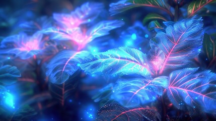   A plant's close-up, with blue and pink light emanating from its center, while also receiving red and blue light