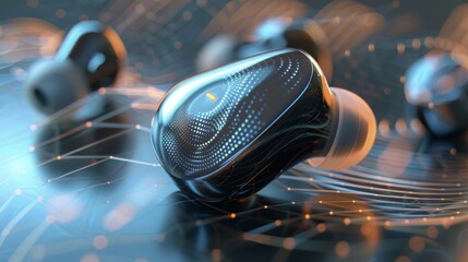 A detailed shot of the noisemasking earbuds in action with a graphical representation of how external noise is canceled out by the devices advanced technology.