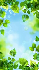 A beautiful arrangement of green leaves forming a natural frame around a clear blue sky background, capturing the essence of a sunny day with vibrant colors and light.