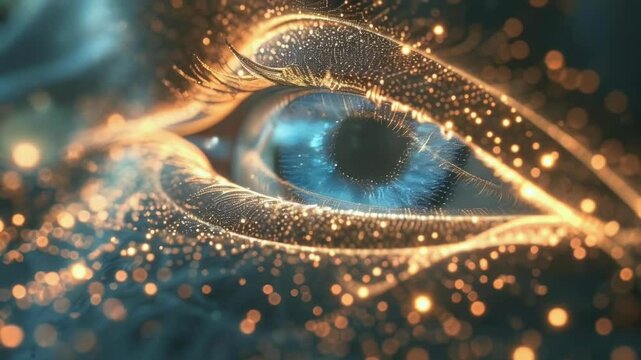 A detailed close-up of a digitally rendered eye with glowing particles encapsulating the iris and surrounding area. The design is futuristic, evoking a sense of advanced technology and innovation.