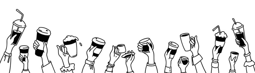 Doodle hands up with coffee. Crowd of people, men and children holding disposable glass, cups, mugs, cappuccino, latte, Frappuccino, espresso, matcha in their arms. Teamwork concept background