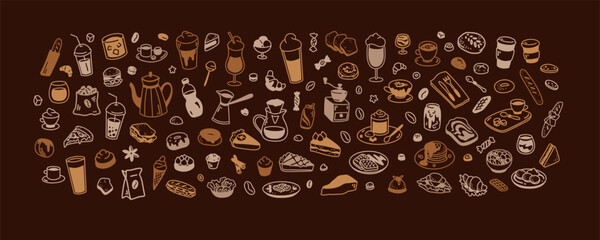 Coffee chalkboard. Hot, cold drinks and desserts in doodle stile. Cute line food elements. Minimalist icons for restaurant, cafe, patisserie, bakery, confectionary, coffeeshop menu