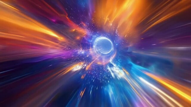 This image showcases a breathtaking abstract representation of space-time warp with vibrant colors. The central spherical object appears to be hurtling through hyperspace. Ethereal and cosmic mood.