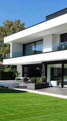 Modern white house with glass balcony and manicured green lawn.