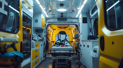 Ambulance interior, medical equipment ready, indirect light, close up, sense of urgency design