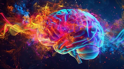 Fototapeta premium A concept art piece where a brain is depicted with a burst of neon colors and abstract designs