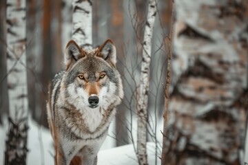 Obraz premium adult wolf standing in the forest, winter birch trees, natural light Generative AI