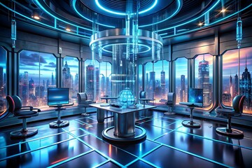 Neon-lit, high-tech, virtual reality laboratory with sleek silver pods, holographic screens, and wires, surrounded by a mesmerizing, glowing, futuristic cityscape at dusk.