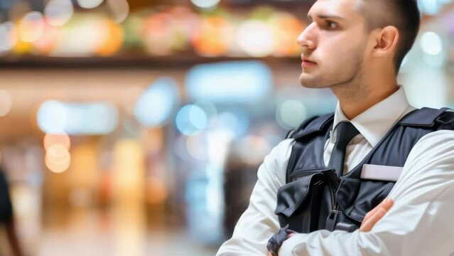 Security guard professional safety patrol man police employee mall safe business protect serve confident authority public space secure guarding agent staff shop convenience grocery store